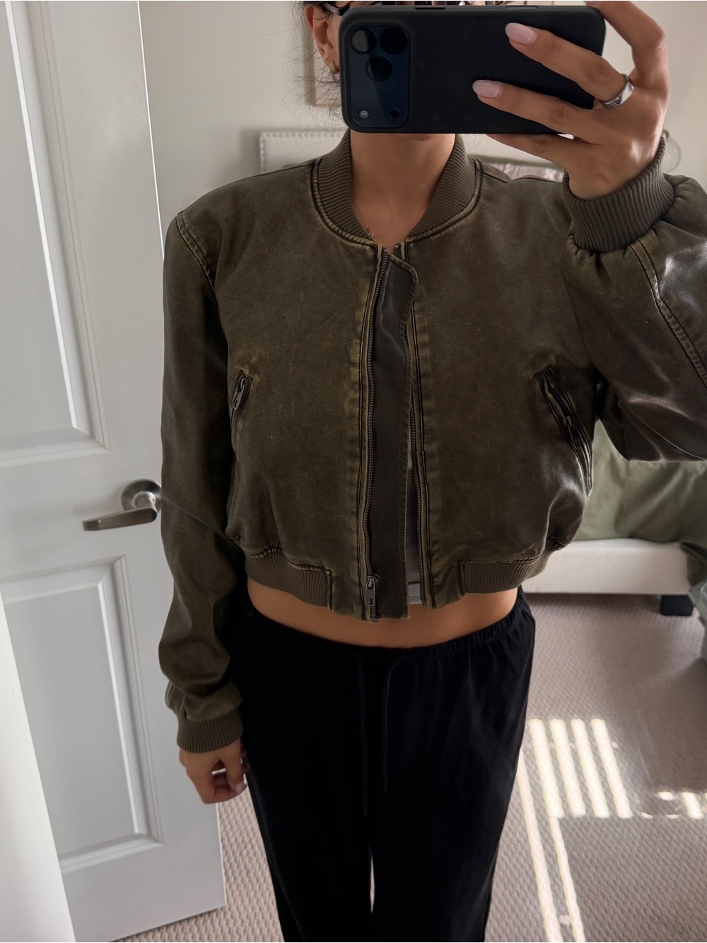 LIONESS Olive Faux Leather Bomber